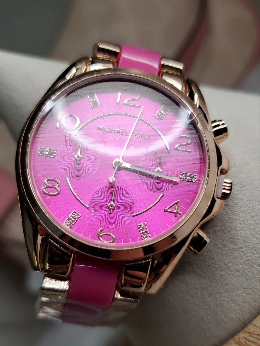 Michael Kors Rose Gold-Tone Watch with Bright Pink Dial and Strap